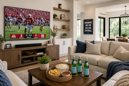 A-cozy-living-room-setup-with-a-football-game-on-TV.